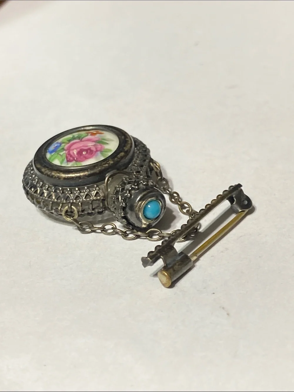 PRETTY Vintage Limoges Silver tone floral Filigree Perfume Bottle bar Pin Brooch